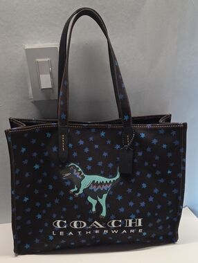 Coach Canvas Tote with Blue Star Print & Teal Dino Motif RARE